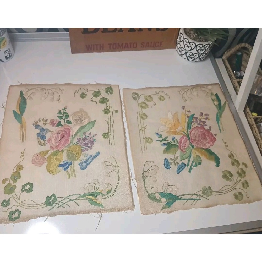 Vintage Colorful Flowers Embroidered Picture Floral Yarn Art Completed Stunning